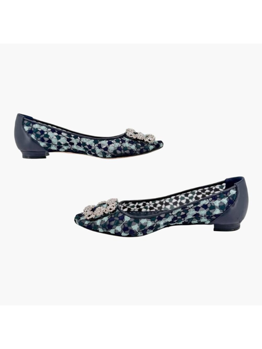 Manolo Blahnik Hangisi Ballet Flats Blue Lace Size 37.5 US 7.5 Crystal Pointed - Picture 10 of 15